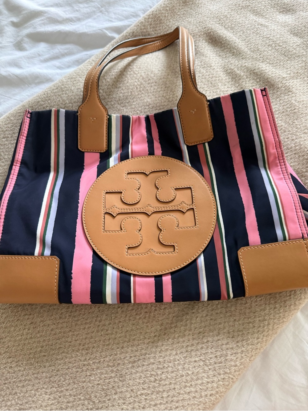 Tory Burch Ella tote featuring a vertical navy and pink canyon stripe. - Picture 3 of 8